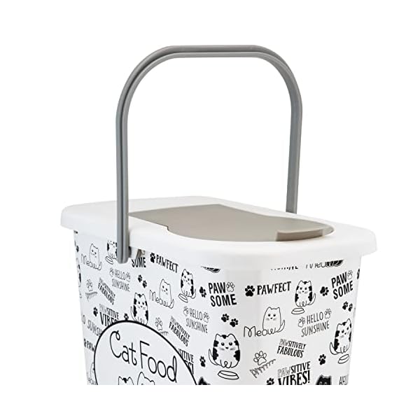 Pounce-Fetch-3-Gallon-Pet-Dry-Food-Container-with-Scooper-Cat-Food-Organizer-Helps-Organize-Pantry-and-Cabinets-Cats-Kitty-Print-Design-Carrying-Handle-Flip-Top-Lid Pet Dry Food Container with Scooper