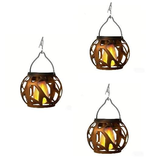 Solar Hanging Lanterns with Flickering Flame, Waterproof Hollow-Out Garden Lights, Outdoor Solar Decorative Lamps for Patio (Black*3)
