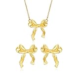 VULETO Gold Bow Necklace Earrings Set for Women, 14K Gold Plated Bowknot Choker Dainty Fashion Jewelry Gifts