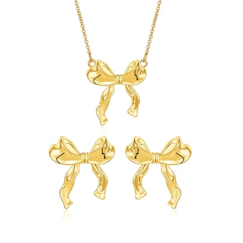 Bow Necklace for Women 14K Gold Plated Bowknot Dainty Bow Pendant Chain Necklace Fashion Jewelry Gifts