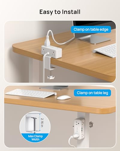Image of TROND Compact Desk Clamp Power Strip 10 ft, Fit 2.16 inch Tabletop Edge, White | Flat Plug Fit Behind Furniture, 6 AC, 2 USB-C PD 20W, 2 USB-A, 900J, Space-saving for Small Home Office Desk Accessories