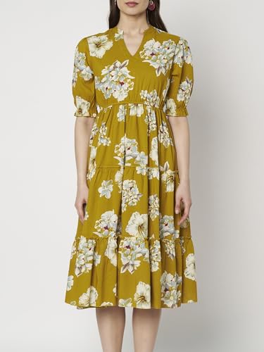 Image of PIDAVLIYA'S Women's Floral Summer Maxi Dress I Cotton Printed I One Piece Bodycon Midi Dress with V-Neck, Puffed Sleeves