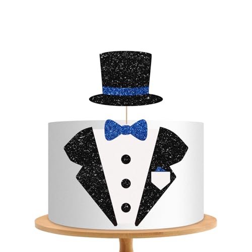 Little Man Cake Topper, Little Boss Cake Decor, Black&Blue Glitter Tuxedo Suit Bow Tie Cake Topper Set for Boy Baby Shower, Welcome Baby/Boy Men Birthday Party Supplies