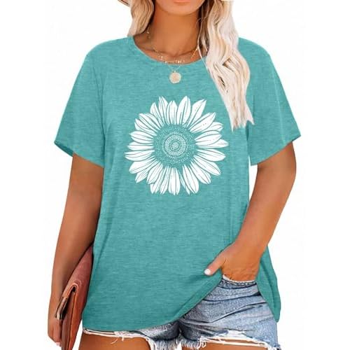 MK Shop Limited Plus Size Tops for Women Flower Graphic Shirts Loose Fit Summer Short Sleeve Tees Tops