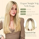 Sofeiyan Peruka z grzywką, 55 cm ciepły blond z ciemnymi korzeniami, długa gładka peruka damska, elegancka peruka z włókna syntetycznego, odporna na ciepło, na co dzień