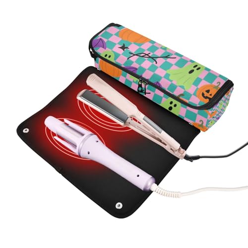 2-in-1 Estuche de Viaje para Rizador con Almohadilla Resistente al Calor y Accesorios Desmontables para Plancha, Rizador, Secador de Pelo, Diseño de Halloween Naranja Calabaza Fantasma Murciélago miniatura 2