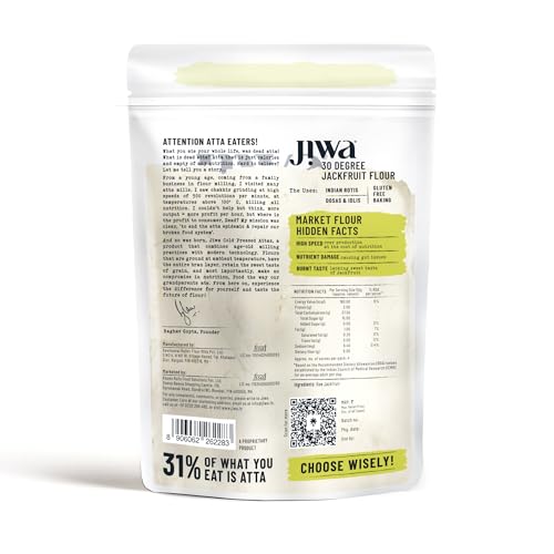 Image of Jiwa 30 Degree Jackfruit Flour /Atta | Patented Cold Pressed Flour | Slow Ground | Gluten Free | kathal Atta | Diabetic Friendly | 200g (Pack of 2)