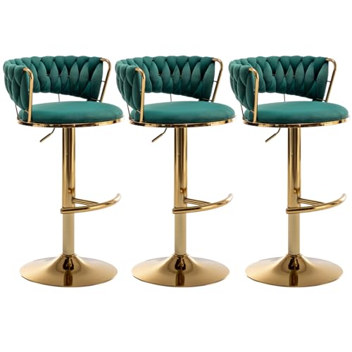 Riknuxi Velvet Bar Stools Set of 3 Counter Height Barstools with Low Back Gold Swivel Bar Stool for Kitchen Island Pub (Green)