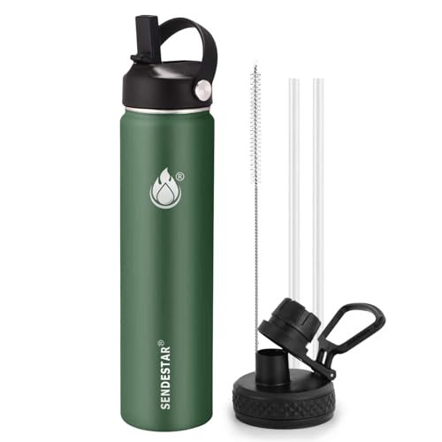 Image of Insulated Water Bottle 24 oz with Straw, Stainless Steel Wide Mouth Water Bottle, Double Wall Vacuum Leak Proof with Straw Lid & Spout Lid for Sports or Office, Keep Cold or Hot Up to 24 Hrs