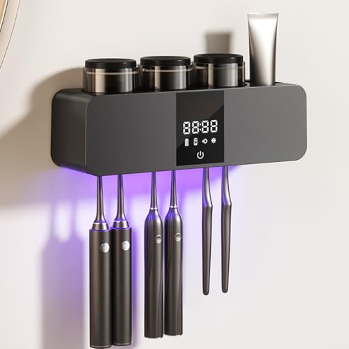 Soporte para cepillo de dientes eléctrico, soporte desinfectante para cepillos de dientes UV con dispensador de pasta de dientes con luz y 3 vasos, organizador de soporte para cepillos de dientes de