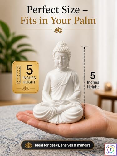 Image of White Buddha Idol 5 Inch | Peaceful Sitting Buddha Statue for Home Decor & Office | Premium Polyresin | Meditation Room, Office Table, Hall Showcase & Festive Gifting