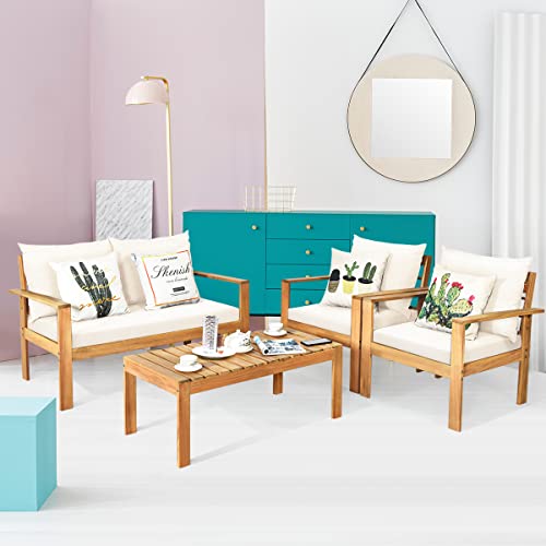 Tangkula Outdoor 4-Piece Acacia Wood Chat Set, 4 Seater Acacia Wood Conversation Sofa And Table Set With Water Resistant Cushions, Teak Finished thumb #4
