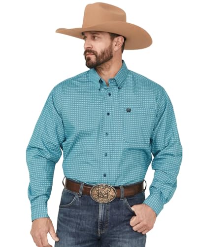 Cinch Mens Turquoise Medallion Print Long Sleeve Button Down Shirt