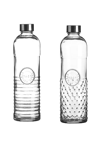 Stilvoll Wasser trinken - Oriental 1 Liter Glas Wasserflasche mit Schraubverschluss, luftdicht, Trinkflasche für Wasser, Saft im Kühlschrank, Vintage Glasflasche (2er Set Retro VG (Stripe Dot))