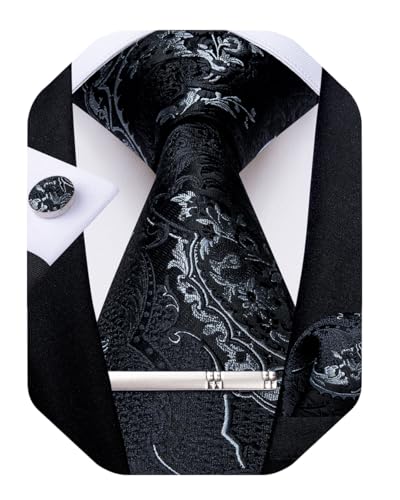 Image of DiBanGu Silk Floral Ties for Men Woven Paisley Necktie and Tie Clip Handkerchief Cufflinks Set for Party Wedding