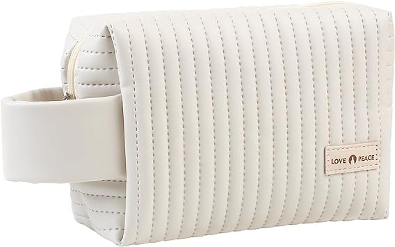 Makeup Bags Cosmetic Pouch Small Bags, Zipper Pouch, PU Leather Striped Design Waterproof Travel Toiletry Bag with Handle for Women Gifts, (White) Makeup Bags Cosmetic Pouch Small Bags, Zipper Pouch, PU Leather Striped Design Waterproof Travel Toiletry Bag with Handle for Women Gifts, (White)