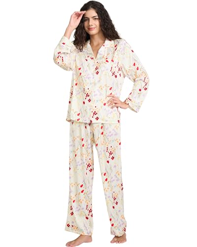 Image of YiNi LuLu Womens Silk Satin Pajamas Set Button Down 2 Piece Pjs Long Sleeve Oversized Sleepwear with Pockets