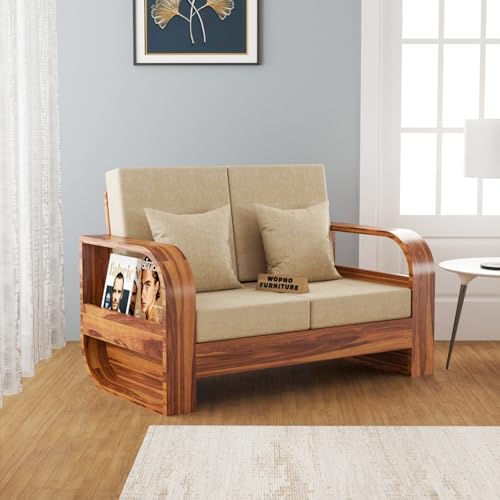 Image of Sheesham Wooden 2 Seater Sofa for Living Room | Solid Wood Sofa | Rosewood Sofa Set for Home & Office | Lounge (Honey,Beige, 2 Seater)