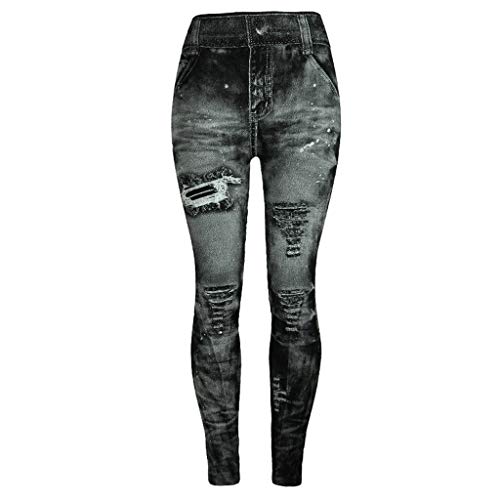 aihihe Jeans Leggings for Women Ripped Denim Leggings High Waisted Button Yoga Leggings Skinny Jean Pants Trousers Gray