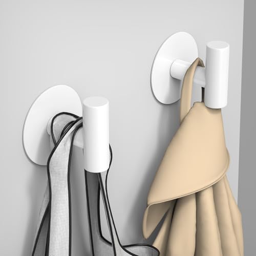 Image of Heavy Duty White Towel Hooks, Stainless Steel Adhesive Coat Hooks for Bags, Towels, Robes, Hats, Aprons - No Drill Bathroom, Kitchen, Hotel Wall Hooks (2 Pack)