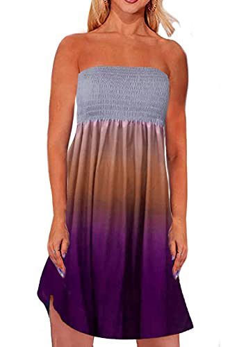 Image of Zyyfly Tube Top Dress Women Summer Beach Coverup Stretch Smocked Strapless Dress