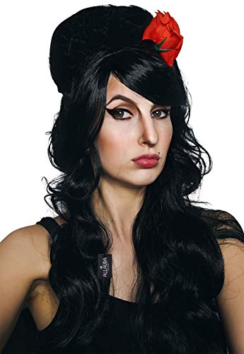 ALLAURA Compatible with Amy Winehouse Wig – Black Beehive Wig with Red Flower for Women & Girls – Long Curly 90s Costume Hairpiece, Retro Pop Star Look, Halloween Vampire, Music Icon Cosplay Accessory