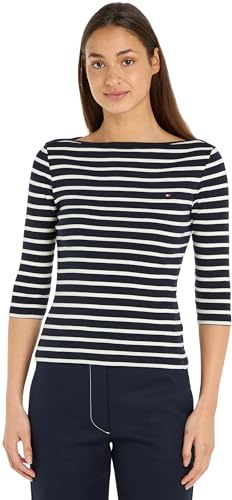 Tommy Hilfiger New Cody Slim Boat-NK 3/4SLV WW0WW40589 Camisetas de Punto de Manga Corta, Azul (Breton STP/Desert Sky/Ecru), L para Mujer