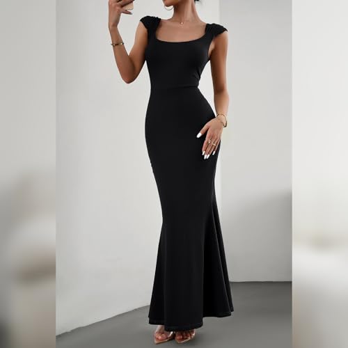 Image of ODIZLI Black Long Bodycon Dresses for Women Sexy Sleeveless Dress Cap Sleeve Maxi Cami Dresses Tight Black Dress Slim Fit Solid Color Elegant Party Club Streetwear Loungewear Slip Dress Black XL