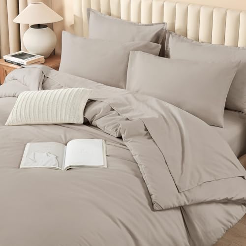 Image of Litanika Super King Comforter Sets Linen Grey - 7 Pieces Bed in a Bag Oversized King Bedding Comforter Sets, Solid Lightweight Bed Set with Comforter, Sheets, Pillowcases & Shams