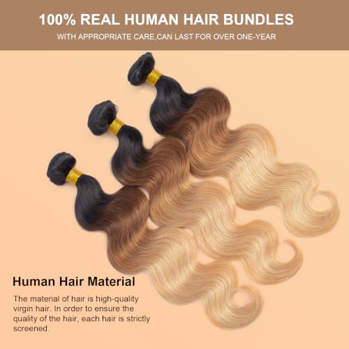 Image of 16A Ombre Body Wave Bundles Human Hair with Closure (16 18 20+14 inch) 100% Unprocessed Virgin Brazilian Ombre Brown Body Wave Human Hair Weave 3 Bundles with Closure