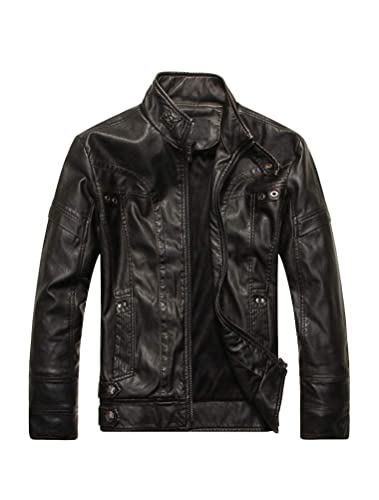 PASOK Men's Faux Leather Jacket Vintage Stand Collar Motorcycle PU Leather Outwear Coat