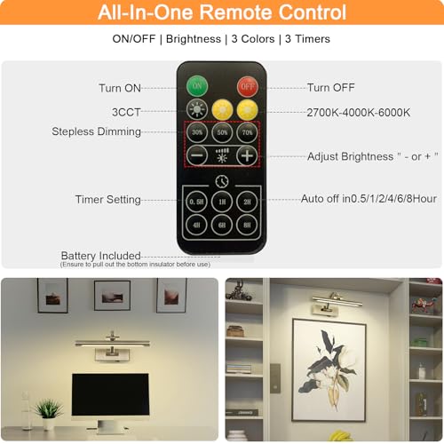 Image of Tassuowell Wireless Picture Lights for Wall,12 Inch Battery Operated Picture Light,3CCT Dimmable Lights for Pictures on Wall with Timer and Remote for Display Photo Frame (Antique Bronze, 12inch)