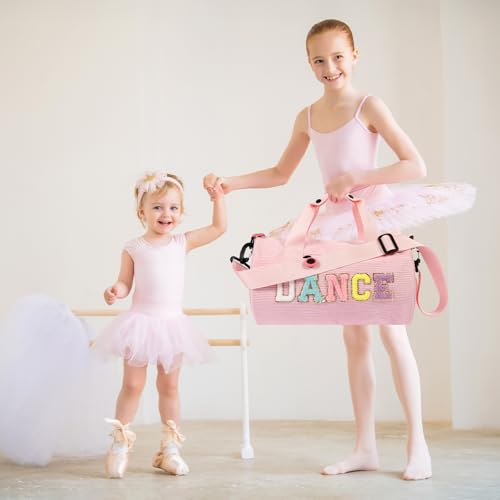 Image of Dance Ballet Bag for Girls Sport Gym Duffle Bags Overnight Travel Bags Fun Dance Corduroy Chenille Letter Bag for Dancers (Pink)