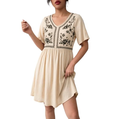 Vestido de túnica para mujer, de verano, cuello en V, manga corta, vestido floral, entallado, informal, vestido de uso diario, corte holgado, cómodo, ligero, acampanado, caqui, XL