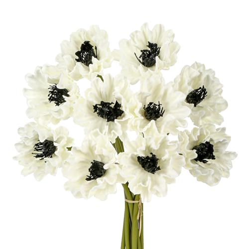 10Pcs White Poppies Flowers Artificial 12.9In Fake...