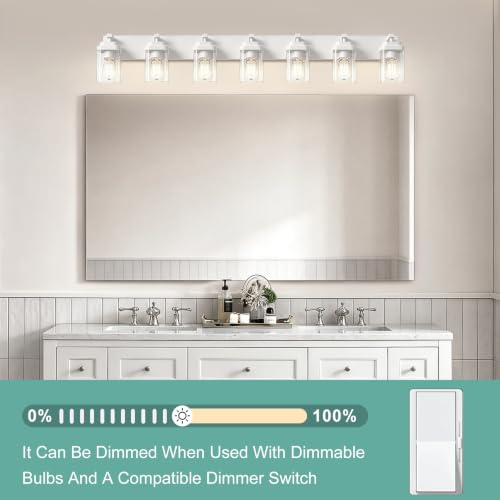 Image of White Bathroom Light Fixtures, 7 Lights Bathroom Lighting Fixtures Over Mirror, Square Design & Rectangle Large Backplate, Modern Vanity Lighting Fixtures, for Bathroom /Living Room /Bedroom