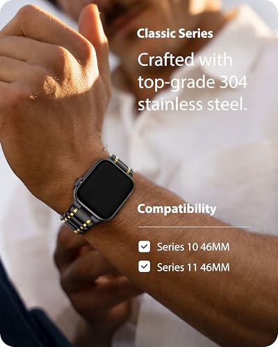 Image of Fullmosa Metal Bands with Case [Watch NOT Included] Compatible with Apple Watch Strap 46mm (Series 10 /11), Steel Apple Watch Band for iWatch Series 10 11,46mm（S11 /10,Black and Gold