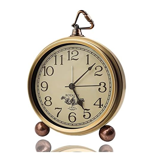 Justup Golden Table Clock, Retro Vintage Non-Ticking Table Desk Alarm Clock Battery Operated Silent Quartz Movement HD Glass for Bedroom Living Room Indoor Decoration Kids (Arabic)