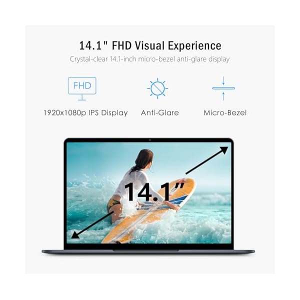 VGKE 14.1" Laptop Computer, Full-Metal Body 1920 * 1080 IPS FHD Display Laptop, 8GB RAM, 512GB SSD, Intel Celeron J4105 Quad-Core Processor, WiFi, Bluetooth, Mini HDMI, Webcam, Gray - Image 3
