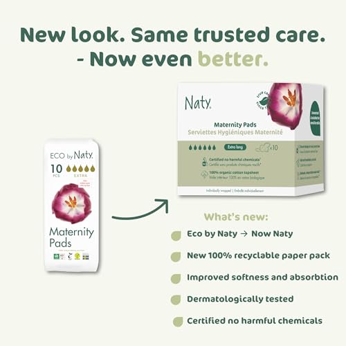 Image of Naty Maternity Pads with Wings |100% certified organic cotton top sheet | Certified skin-safe | Soft Postpartum Sanitary Pads for after Birth, 0% plastic on skin, Fragrance free & Absorbent | 10 count