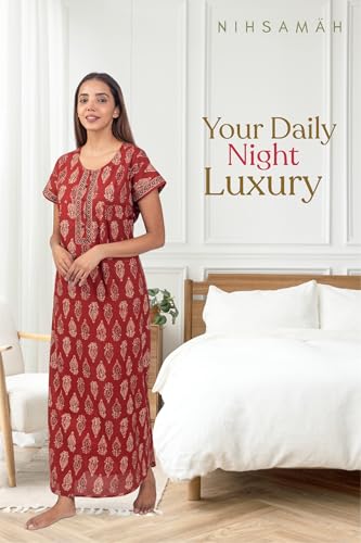 Image of NIHSAMAH Cotton Nighty for Women with Pocket, Premium Printed Long Nighty | Comfortable & Fancy Sleepwear /Nightwear