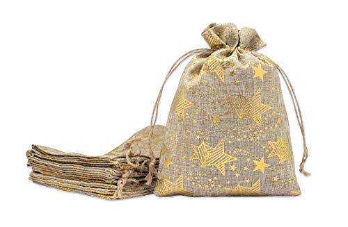 12-Pack 12x16 Reusable Jute Burlap Canvas Gift Bags w. Drawstrings (Golden Stars, X-Large) - for Presents, Party Favors, Retail, Samples by TheDisplayGuys