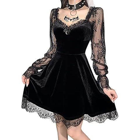 Gothic Kleid Damen Cocktailkleid Punk Kleid Cosplay Partykleid Spitze Kreuz Anhänger Kleid Lace Kleid Mesh Glocke Langarm Knie Swing Spitzenkleid A-Linie Abendkleider (Schwarz, S) Cover