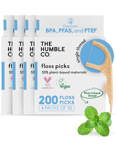 The Humble Co Dental Floss Picks for Teeth 200 Count (Mint) - Single Thread Tooth Picks Flossers for Adults Gum Health - Plant-Based Toothpick Floss for Interdental Oral Care & Hygiene
