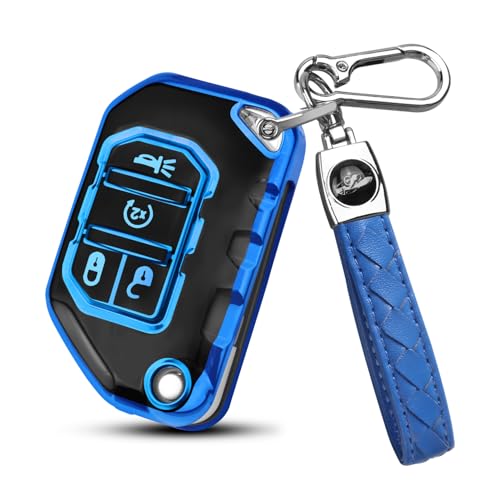QBUC for Jeep Key Fob Cover with Keychain Compatible with Jeep Wrangler JLU JL Gladiator Rubicon JT Car Flip Key (blue)