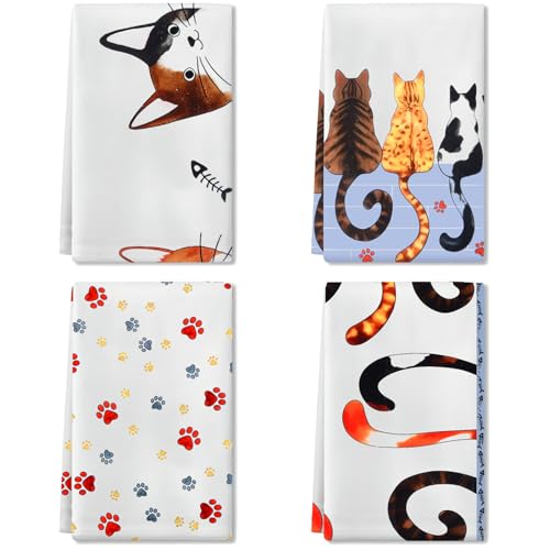 Ecofocet 4PCS Torchons de Cuisine, Essuie Main Absorbante, Motif de Chat de Dessin animé, Torchon Vaisselle, Bar Multi-usages, Doux et absorbants Serviettes...