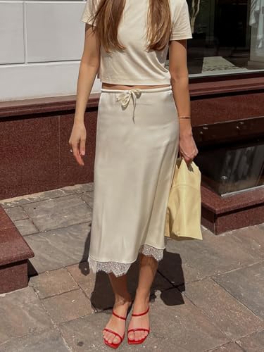 Womens Elegant Satin Silk Midi Skirts Lace Hem Drawstring High Elastic Waist Going Out Casual Midi Skirts3