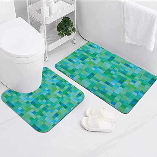 2-teilige rutschfeste Badematte,Blaugrünes 3D-Würfelmuster, abstrakte Quadrate, lebendige farbige geometrische Formen…