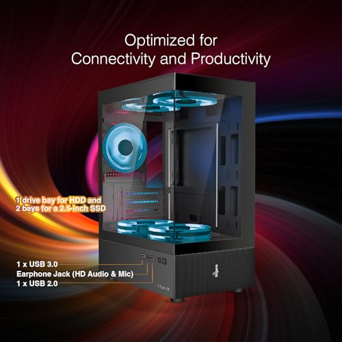 Image of FINGERS C-Vision-5N Micro-ATX PC Cabinet with Dual Toughened Glass Panels, 5 Pre-Installed ARGB Fans, Liquid Cooler Compatibility, Magnetic Dust Filter, USB 3.0 for Premium Performance & Style (Black)