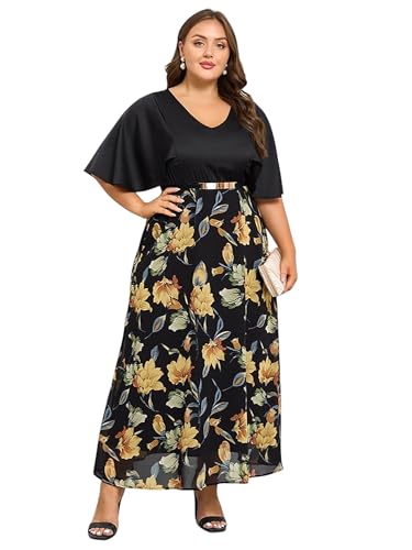 Plus Size Formal Dresses for Women - 2025 Spring Vintage Floral Maxi Dress with Belt and Pockets, Cocktail Dress Evening Gown